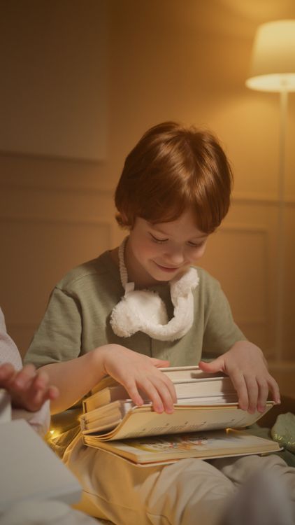 Happy child enjoying reading time at home